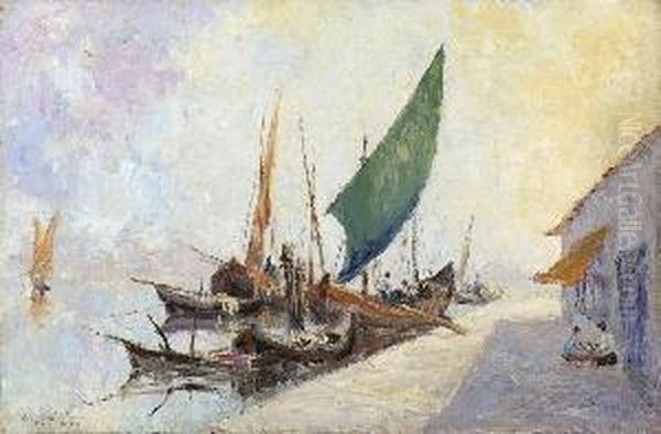 Venezianische Fischerboote Im
 Hafen. Oil Painting by Andre Guerin Le Guay