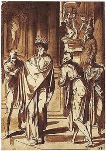 Courtiers Pleading With King Ahasuerus Oil Painting by Giovanni Guerra