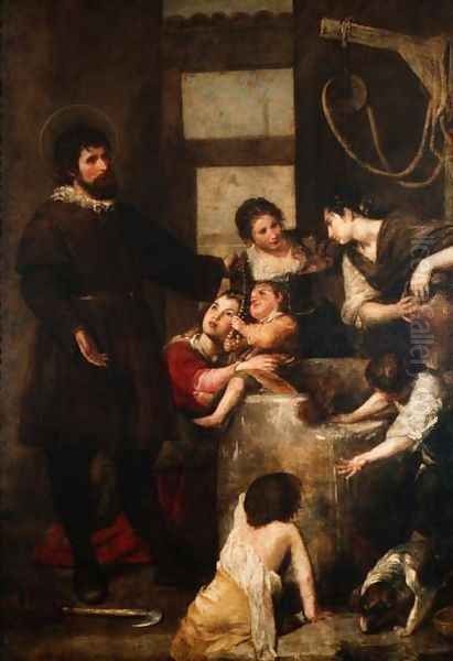 St. Isidore saves a child that had fallen in a well, 1646-48 Oil Painting by Alonso Cano