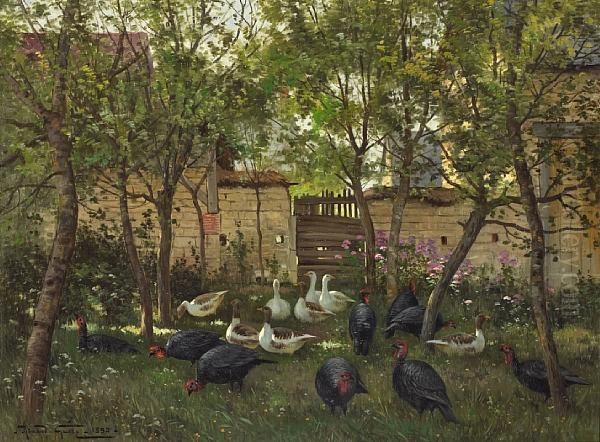 Turkeys And Geese In A Garden Oil Painting by Armand Guery