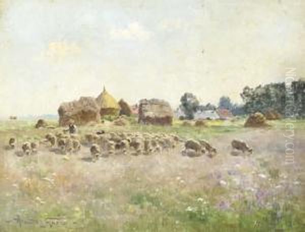 A Shepherd With His Flock In A Pasture Oil Painting by Armand Guery