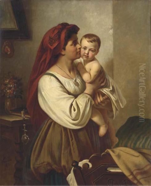 A Mother's Kiss Oil Painting by Karl Adolf Gugel