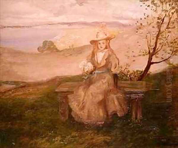 Girl with a bouquet above Swanage Bay Oil Painting by Charles Edward Conder