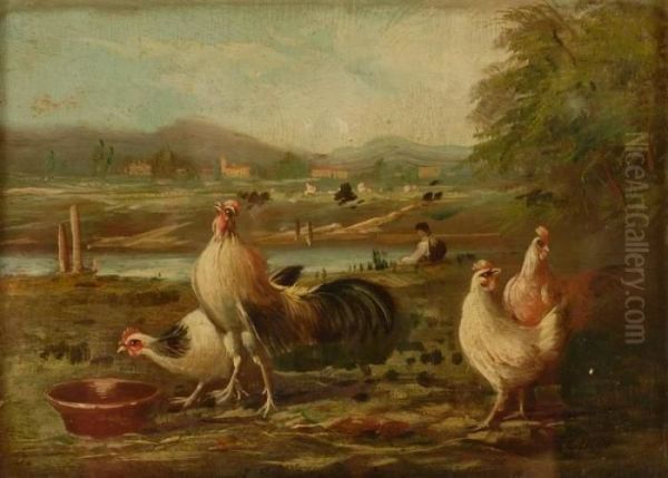 Paesaggio Con Galline Oil Painting by Giuseppe Guidi