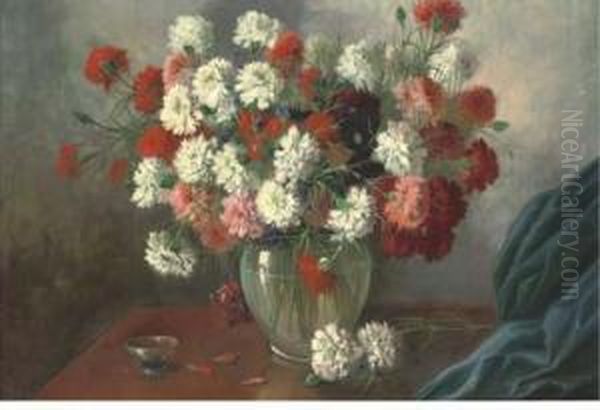 Carnations In A Glass Vase, A Drape To The Side Oil Painting by Giuseppe Guidi