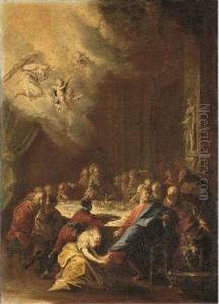 Christ In The House Of Simon The Pharisee Oil Painting by Domenico Guidobono