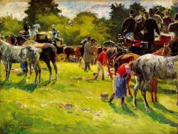 Les Drags, L'arrivee Au Champ De Course, Circa 1910. Oil Painting by Alexandre-Gaston Guignard