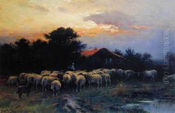 O Zmierzchu - Pasterz Z Owcami, Ok.1900 Oil Painting by Alexandre-Gaston Guignard