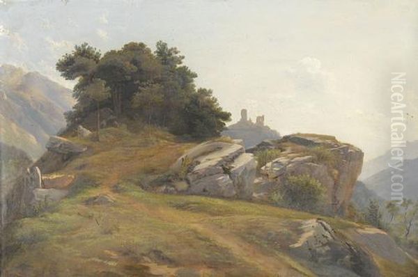 Felsige Landschaftspartie Mit Ruine Oil Painting by Charles Louis Guigon