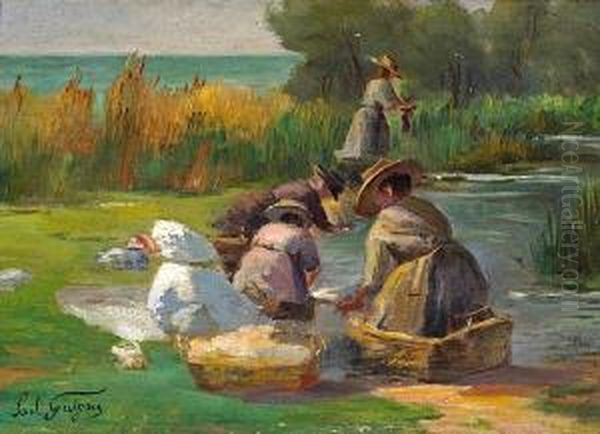 Women Washing Clothes By A Stream Oil Painting by Paul-Camille Guigou