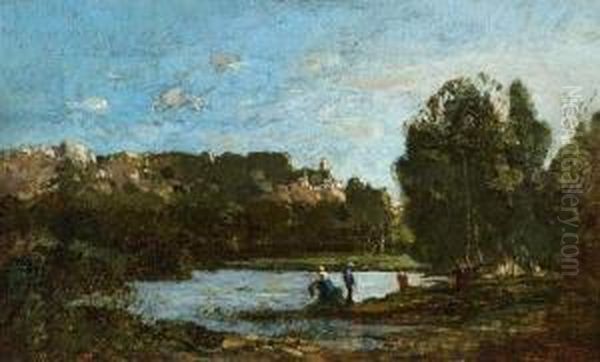 Paysage A La Riviere Avec Un Village Perche. Oil Painting by Paul-Camille Guigou