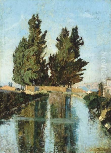 Les Cypres Pres De L'etang De Berre Oil Painting by Paul-Camille Guigou