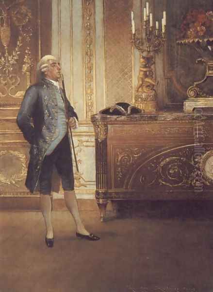 A Gentleman Waiting in an Interior Oil Painting by Georges Croegaert