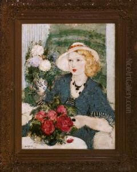 Halbportrait Einer Blonden Dame Im Blauen Kleid Mit Blumen Im Interieur Oil Painting by Narcisse Guilbert