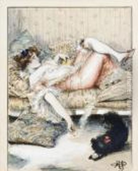 Jeune Femme Et Son Chien Dans Un Boudoir Oil Painting by Albert Guillaume