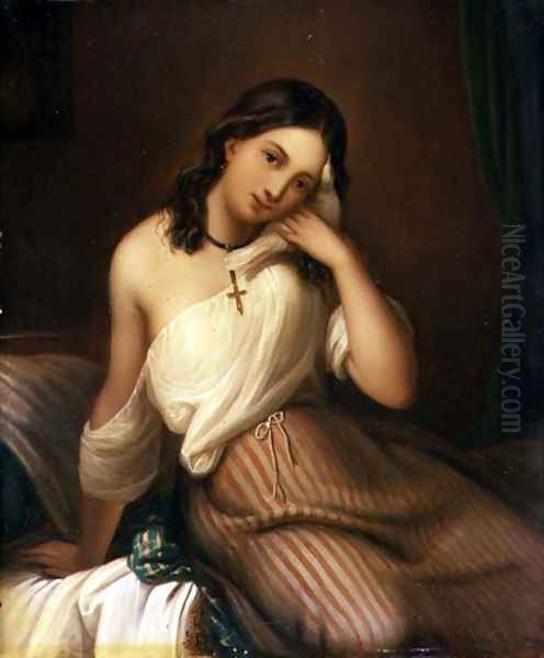 Portrait of a Girl holding a Dove Oil Painting by Georges Croegaert