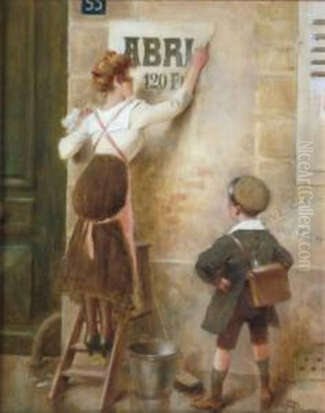 L'ecolier Et La Jeune Femme Decollant Une Affiche A La Fin De La Guerre Oil Painting by Albert Guillaume