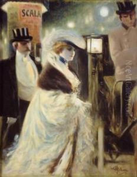 Couple D'elegants Se Rendant A La Scala. Oil Painting by Albert Guillaume