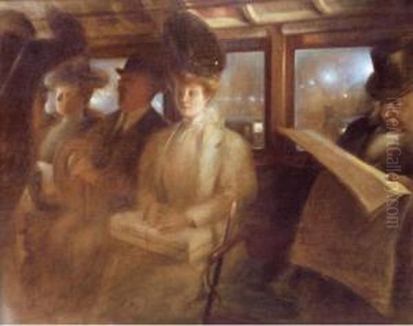 Voyageurs Dans L'omnibus A La Tombee De La Nuit. Oil Painting by Albert Guillaume