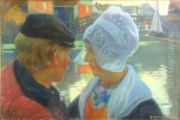 Lovers Beside A Canal Oil Painting by Roger Guillaume