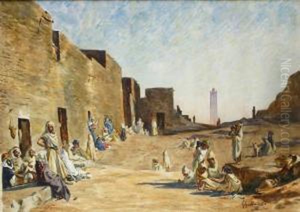 Place Animee Devant La Casbah Oil Painting by Gustave Achille Guillaumet