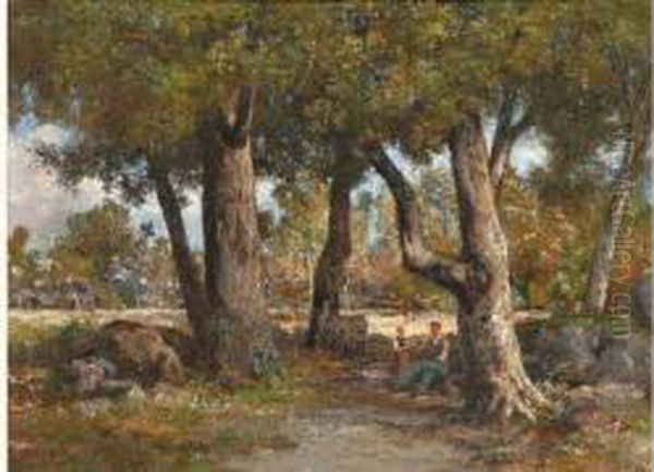 Paysans Sous La Frondaison Des Arbres Oil Painting by Ernest Guillemer