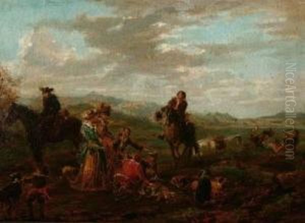 Figures And Horses In Landscape Oil Painting by Alexandre Marie Guillemin