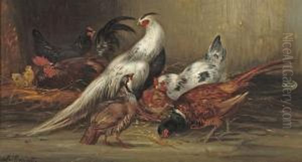 A Feasant, Chickens And Other Poultry Oil Painting by Claude Guilleminet