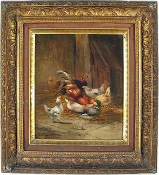 An Interior Scene Of A Farmyard With Chickens Oil Painting by Claude Guilleminet