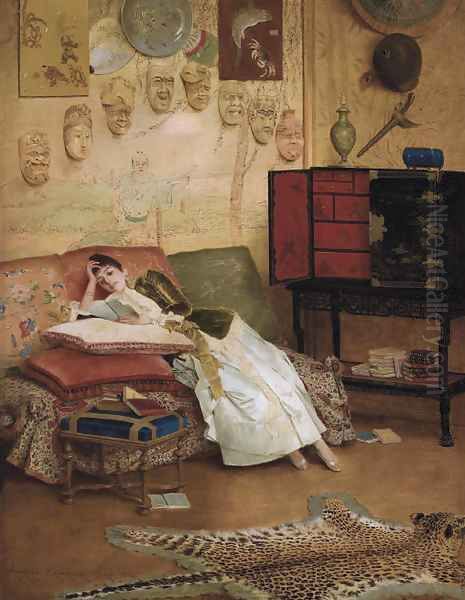 A Quiet Read in a Chinoiserie Interior Oil Painting by Georges Croegaert