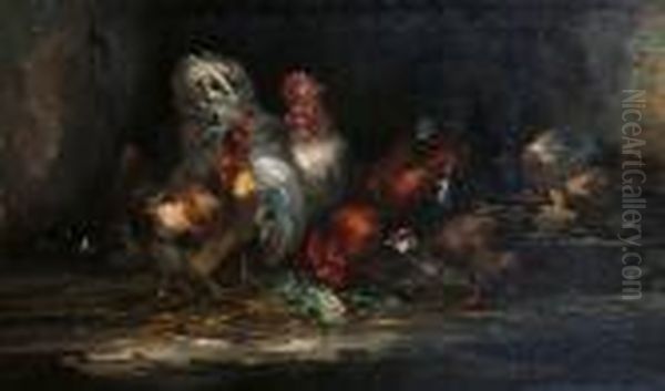 Dindon, Poules Et Canard Oil Painting by Claude Guilleminet