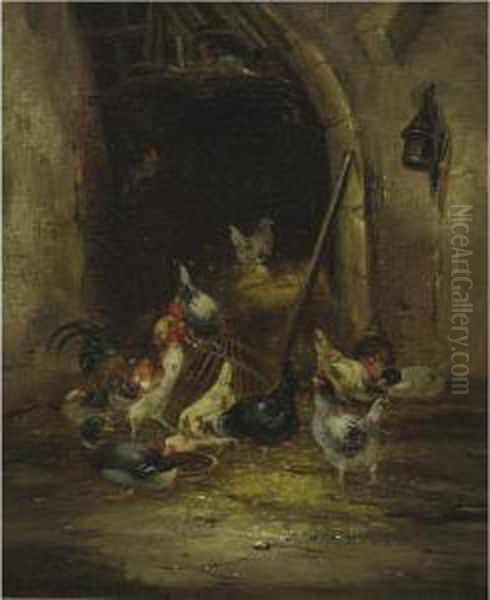 In The Poultry Yard: A Pair Oil Painting by Claude Guilleminet