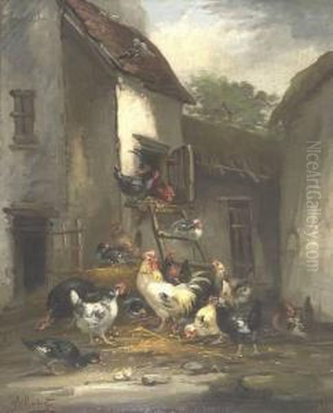 Chickens In A Farmyard Oil Painting by Claude Guilleminet