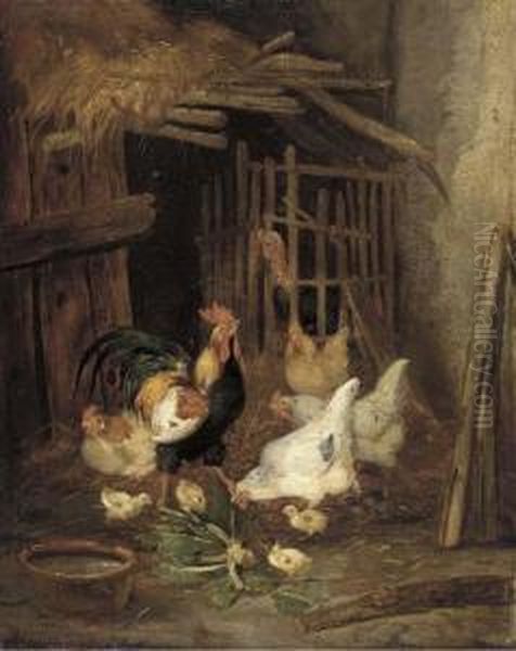 A Rooster, Chickens And Baby Chicks In An Interior Oil Painting by Claude Guilleminet