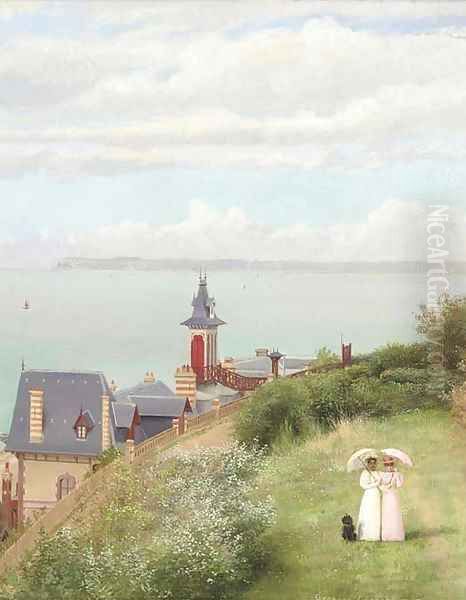 A stroll by the coast, Trouville-sur-mere Oil Painting by Georges Croegaert