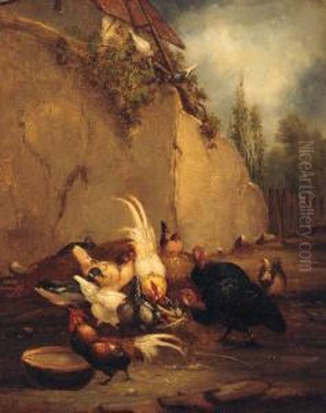 Chickens And Turkeys In A Farmyard Oil Painting by Claude Guilleminet