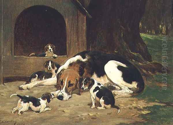 A Foxhound Bitch with her litter, 1880 Oil Painting by John Charlton