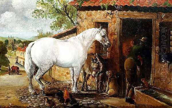 A Grey mare by a smithy Oil Painting by John Charlton