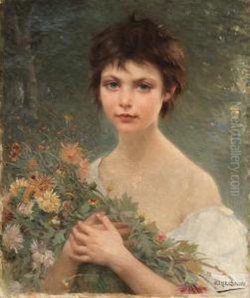 A Young Girl With Wild Flowers Oil Painting by Alfred Guillou