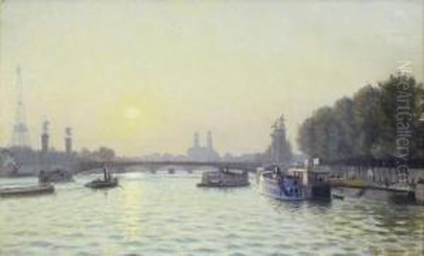 La Seine, Le Pont Alexandre Iii, En Fond L'ancien Trocadero Oil Painting by Charles Victor Guilloux