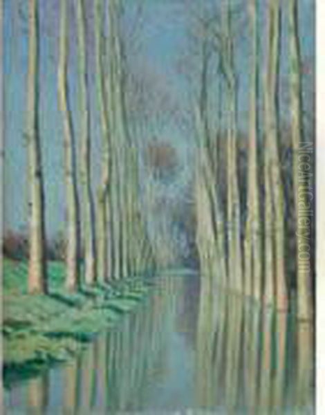 Reflets De Peupliers Dans Le Canal Oil Painting by Charles Victor Guilloux