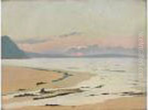 La Greve A Maree Basse, Ciel Rose Oil Painting by Charles Victor Guilloux