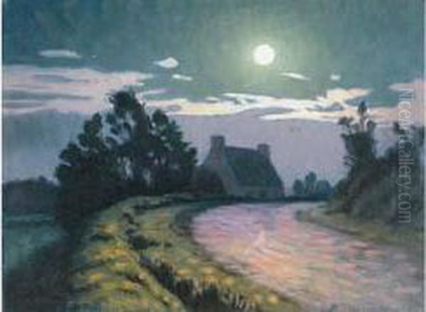 Clair De Lune, Route Et Ferme Oil Painting by Charles Victor Guilloux