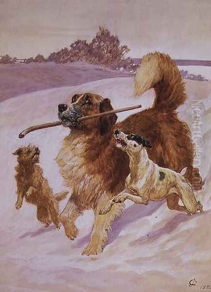 Three dogs playing in the snow, 1881 Oil Painting by John Charlton