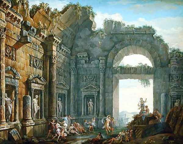 Architectural Ruins (2) Oil Painting by Charles-Louis Clerisseau