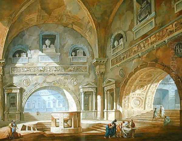 Interior of a mausoleum, 1772 Oil Painting by Charles-Louis Clerisseau