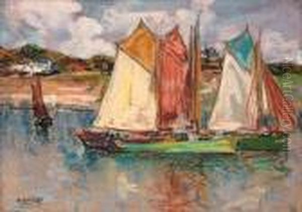 A Flotilla Of Sailing Boats Off The Coast Oil Painting by Henri Guinier