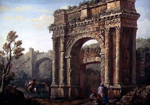 Peasants Near the Arch of Sergius at Poia Oil Painting by Charles-Louis Clerisseau