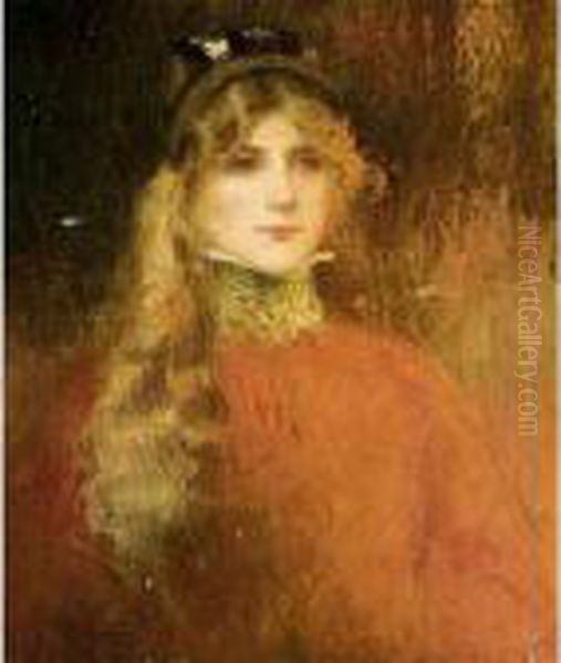 Young Woman In Red Oil Painting by Lucien Victor Guirand De Scevola