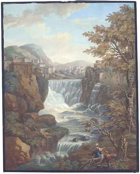 An extensive mountainous landscape with a waterfall by a town, peasants fishing and gathering wood in the foreground Oil Painting by Charles-Louis Clerisseau